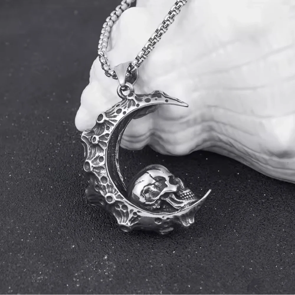 925 Sterling Silver Skull In Crescent Moon NO FADE Necklace Unisex Biker Goth